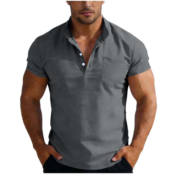 Ohufall Mens Plus Size Shirts Button Stand Collar Pullover Tee Shirts Short Sleeve Loose Solid Tops