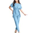 thumbnail image 1 of Birdeem Printemps et Été Femmes Élégant Bandage Uni Décontracté Manches Courtes Col Rond Blouses Hauts Ensembles Pantalons Longs, 1 of 12