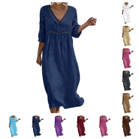 SAWOBUUN Womens Summer Cotton Midi Dress Casual V Neck 3/4 Sleeve Hollow out Sundress Lightweight Breathable Beach Dress