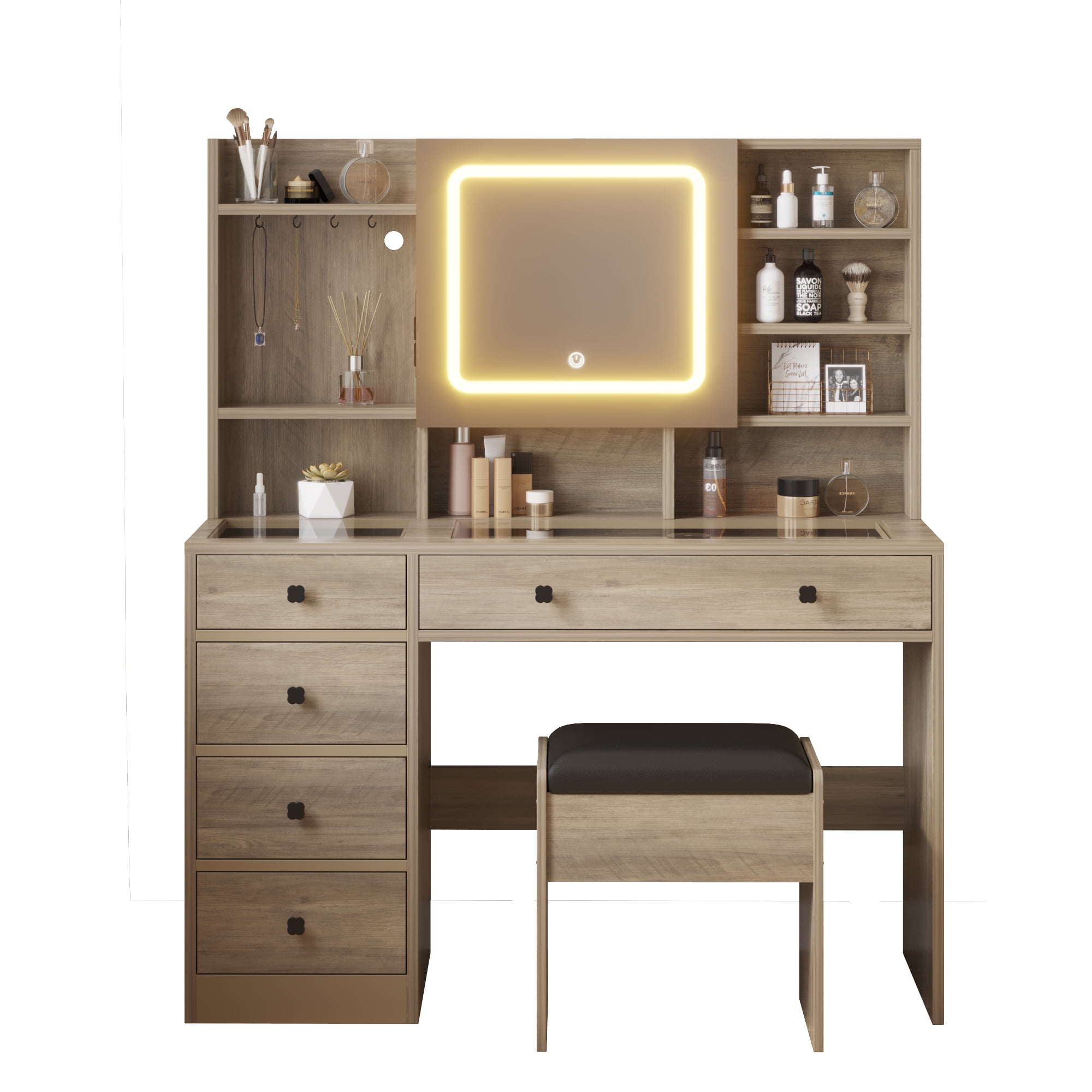 Ktaxon Large 47.2" Makeup Vanity with 3 Color Lights, Dressing Table with USB Charging Station, Gray