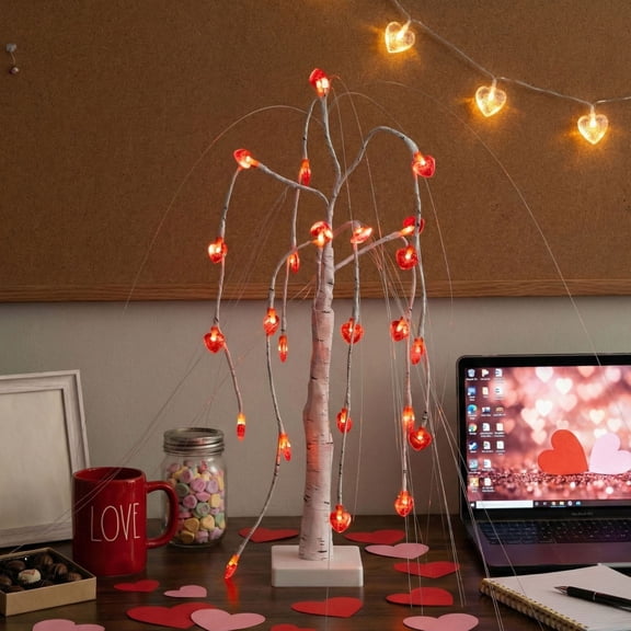 Nearly Natural Pre-Lit Artificial Valentine's Day Willow Tree with Heart Shaped Lights - 2' - Warm