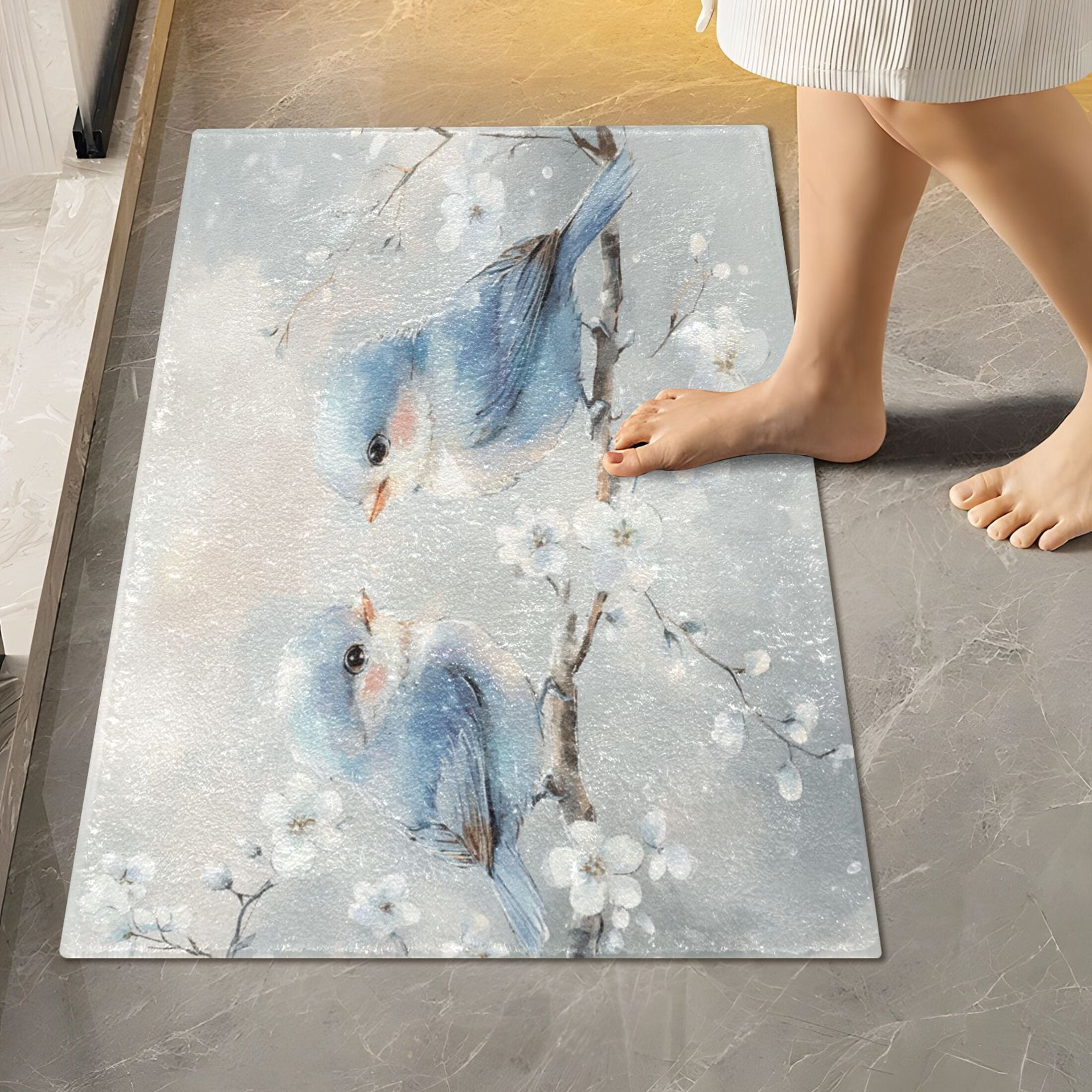 2 Piece Soft Bathroom Rug Set Cute Blue Birds Bath Mat and U-Shaped Toilet Contour Rug (16"x24"+20"x24")