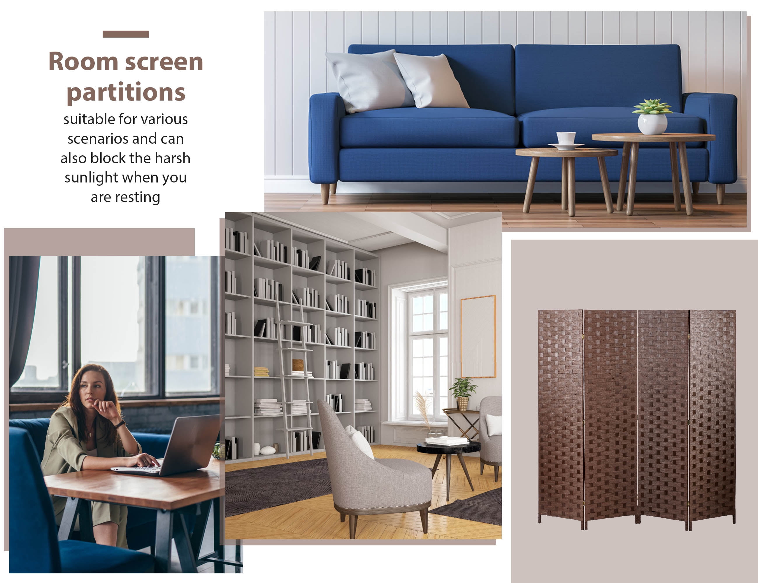 YRLLENSDAN 4 Panel Room Dividers, 6FT Room Partitions and Dividers for Room Separation Hand-Woven Design Portable Wall Folding Screen Privacy Screens, Brown