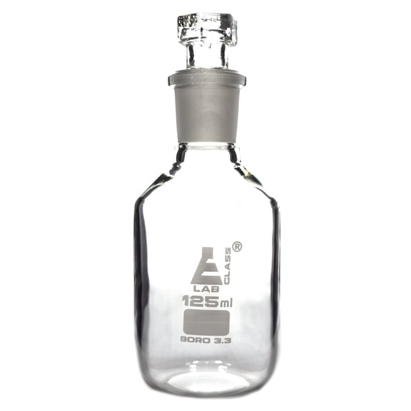 Reagent Bottle, Borosilicate Glass, Narrow Mouth with Interchangeable Hexagonal hollow glass Stopper - 125ml - Eisco Labs