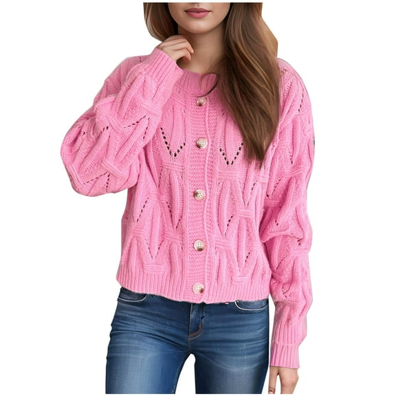 Idoravan Pink Cardigan for Women Women's Casual Long Sleeve Patchwork Knit Sweater Cardigan