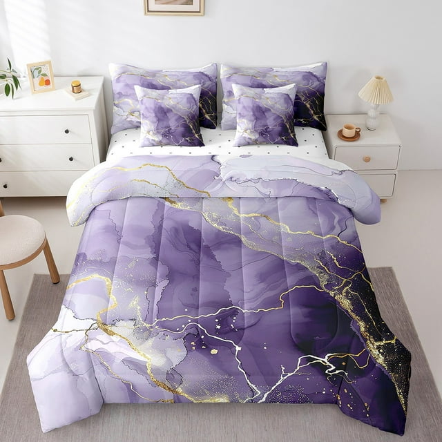 YST Purple Marble 7-Piece Comforter Set, Twin, Watercolor Abstract Bedding with Metallic Foil Print