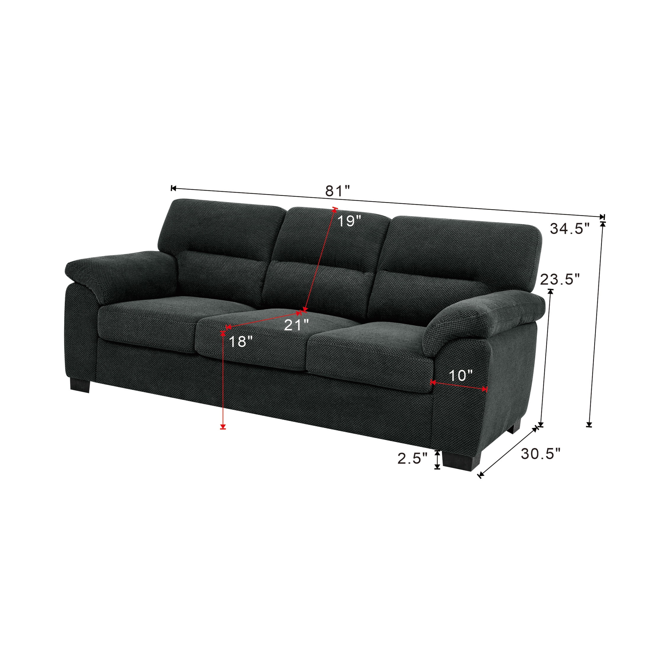 Noble House 81" Modern 3-Seater Sofa, Textured Polyester Upholstery, Pillow Top Arms, Dark Gray