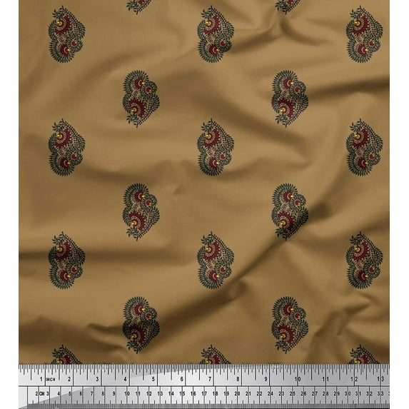 Soimoi Brown Georgette Viscose Fabric Leaves & Floral Block Decor Fabric Printed Yard 42 Inch Wide