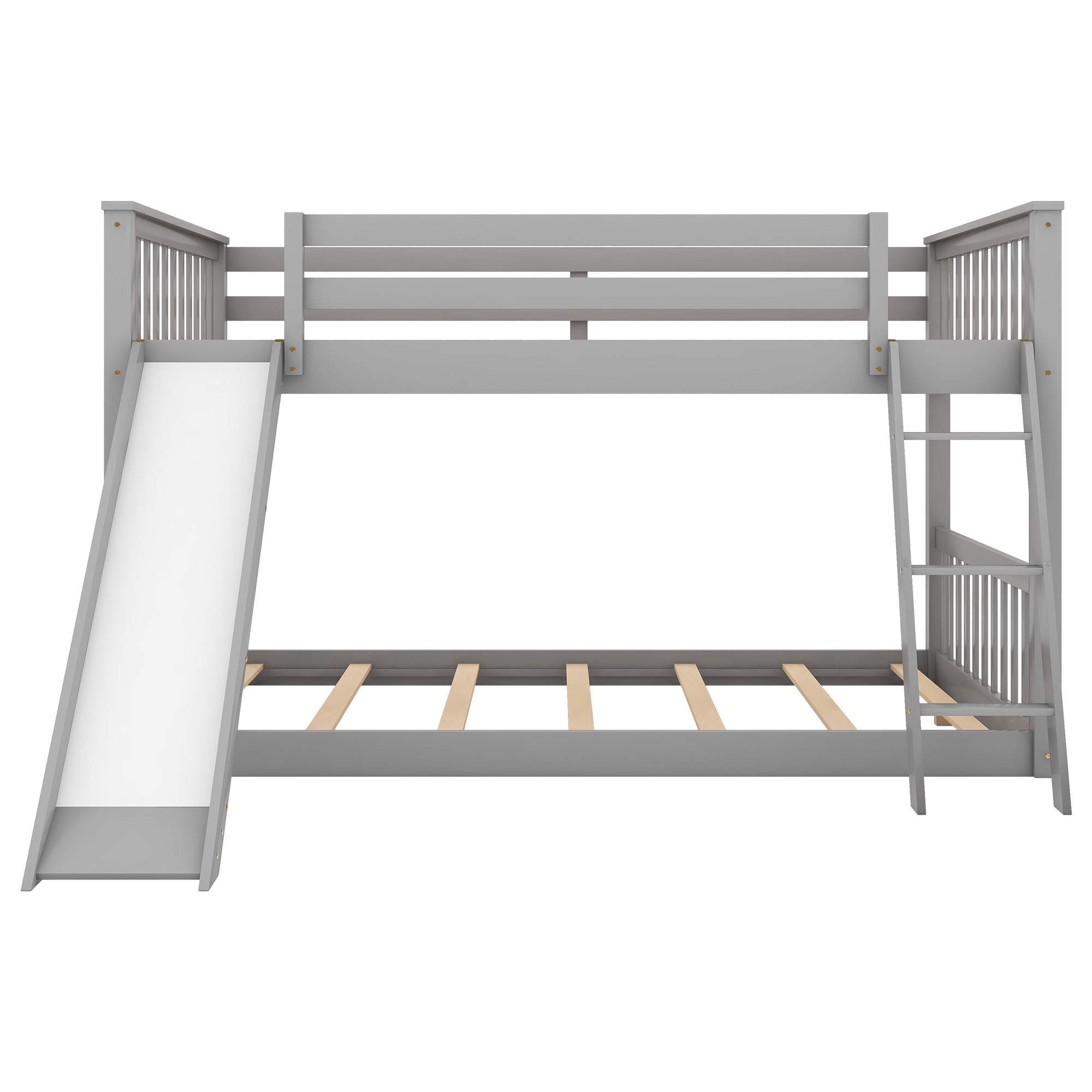 Euroco Full over Full Floor Bunk Bed with Inter-Changeable Slide and Ladder, Solid Wood Bunk for Kids Teens Adults, Gray