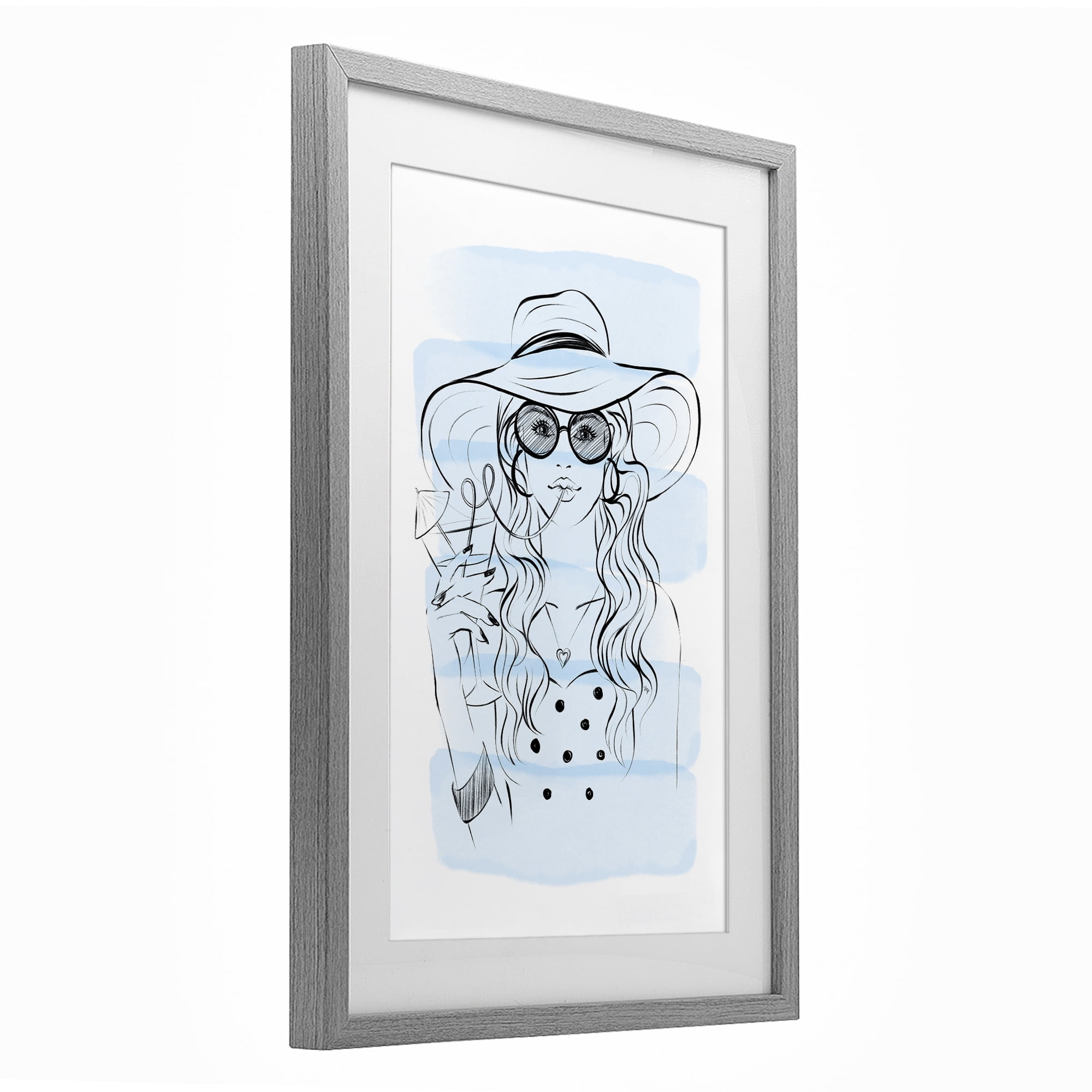 Stupell Industries Sipping Drink Girl in Sun Hat Gray Framed Print Under Glass, design by Martina Pavlova