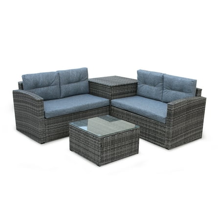 Outdoor Wicker Conversation Sets, 2019 Upgrade 4-Piece Wicker Patio Conversation Furniture Set w/L-Seats Sofa, R-Seats Sofa, Single Sofa, Tempered Glass Dining Table, Padded Cushions, Grey,