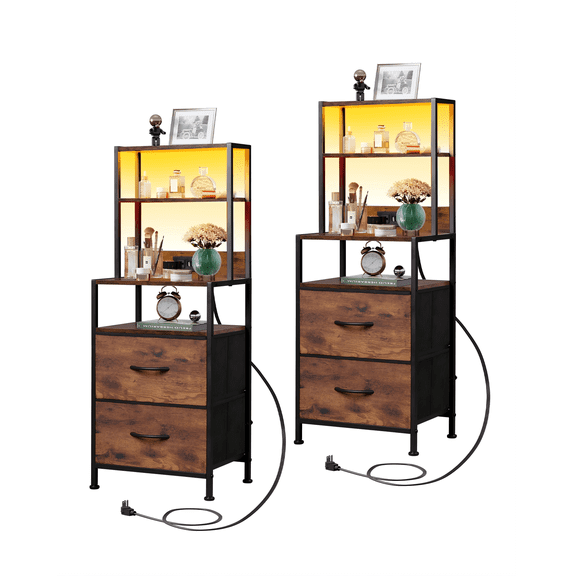 GALAXHERO Nightstand Set of 2 with Charging Station, LED Lights, 2 Drawers Bedside Table with 4 Shelves, Modern Side End Table for Bedroom, Living Room, Rustic Brown