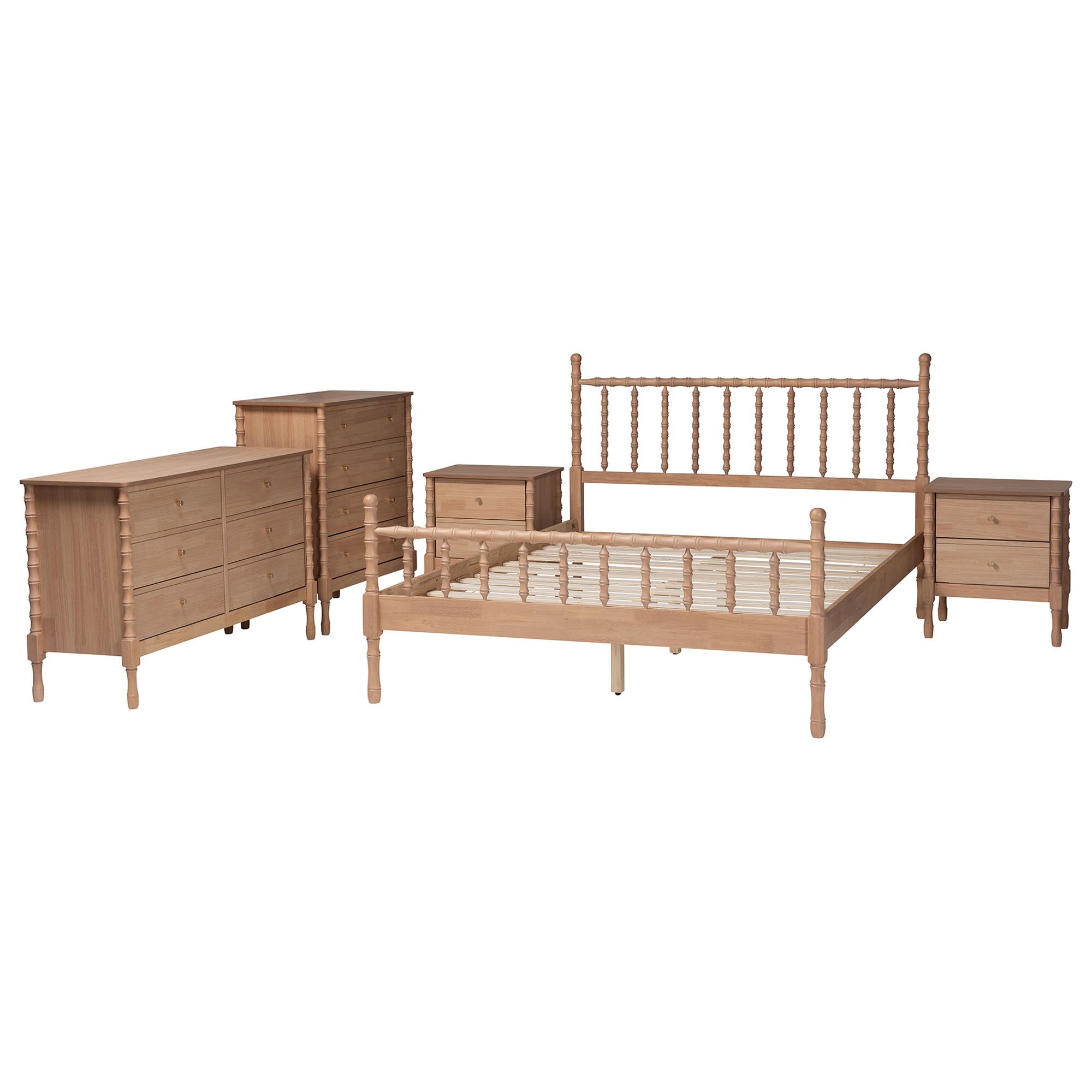 Baxton Studio Laurent Mid-Century Bedroom Set, 5-Piece, Queen, Beech Brown