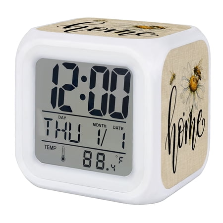 White Daisy Floral Digital Alarm Clock for Bedrooms, Smart LED Alarm Clock with 7 Color Changing Night Light, Rustic Home Honeybees Burlap Silent Wake Up Clocks for Sleep Study Cooking 3.2x3.2