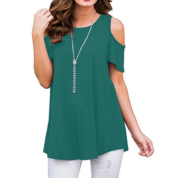 up to 60% off Gifts Usmixi Shirts for Women Casual Solid Going out Loose Fit Cold Shoulder Tunic Tops Summer Trendy Plain Short Sleeve Crewneck Ladies Blouses Green XXXL