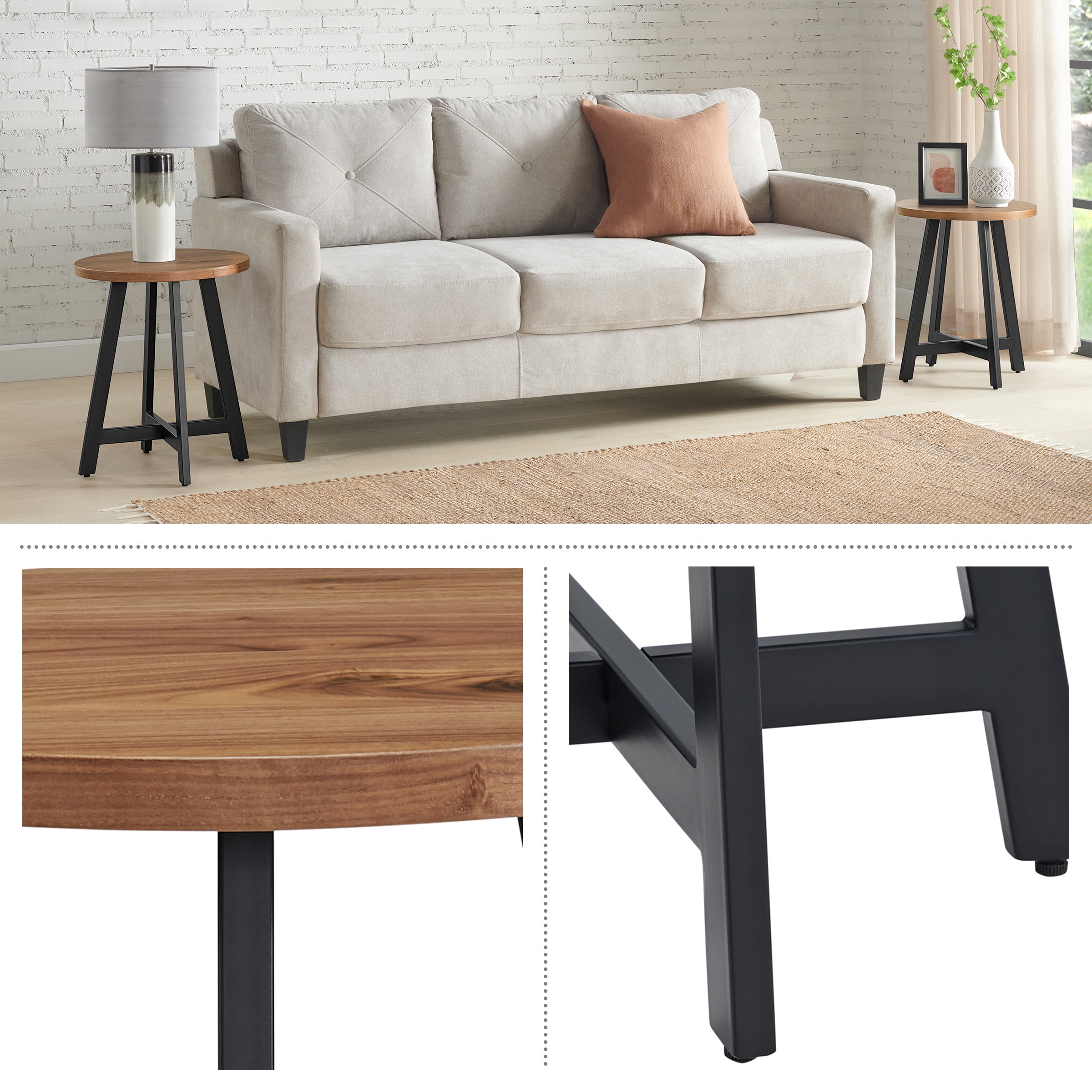 Lavish Home Set of 2 Modern Round End Tables with Metal Bases (Walnut)