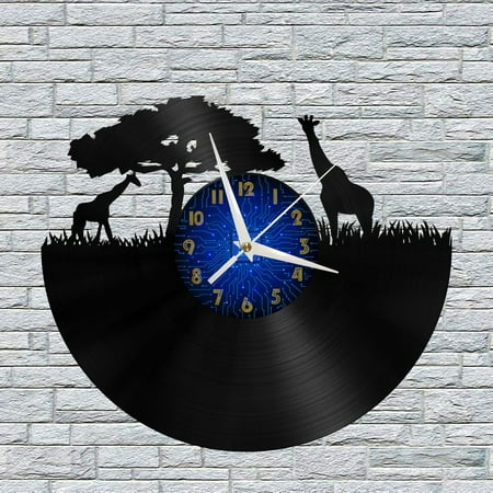 African Savannah Giraffe 12 Inch Vinyl Record Wall Clock - Silent, Creative, and Unique Clock for Living Room, Entryway, or Bedroom Decor - Perfect Gift Idea(12 inchs B without LED)
