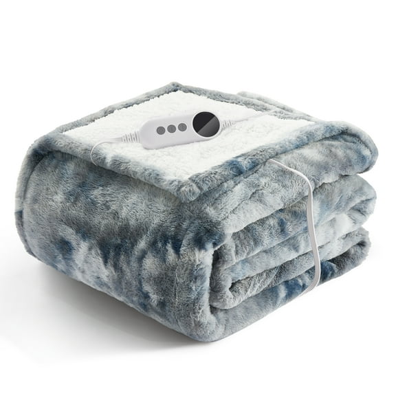 WISHEAD Electric Heated Blanket Throw 50''x60''Size Faux Fur Heating Blanket 5 Heating Settings, 3h Timer & Overheat Protection, Machine Washable, Soft Flannel and Sherpa Full Body Warmth,Light Gray