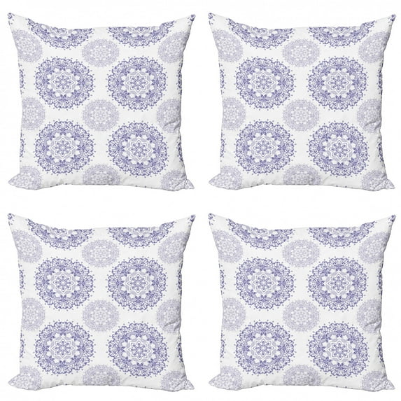 Ambesonne Oriental Throw Pillow Cover 4 Pack, Floral Mandala with Hearts, 16", Dark Lavender White