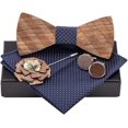 thumbnail image 2 of Pajarita clásica de madera hecha a mano para hombre, gemelos de bolsillo con ramillete y caja de regalo a juego, juego de pajarita de madera ajustable para boda y graduación, 2 of 4