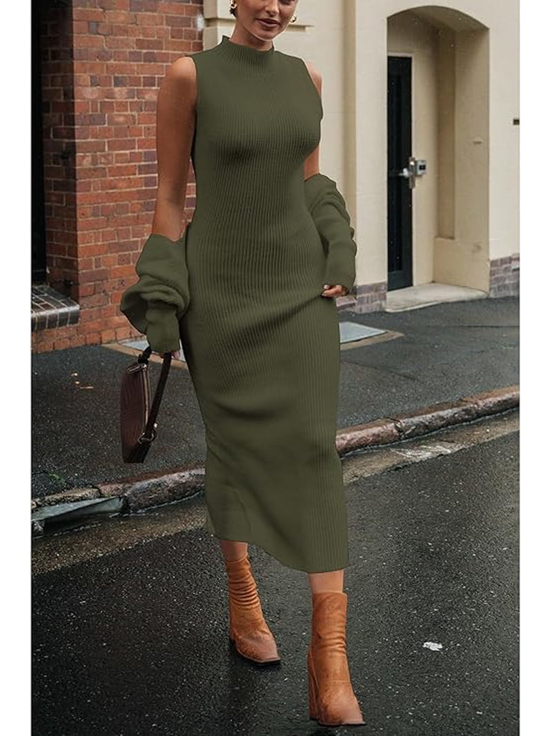 cropped sweater over maxi dress Ezbelle Women's 2026 Fall 2 Piece Dresses Rib Knit Long Sleeve Crop Top Sexy Bodycon Casual Outfits Sets Army Green Small at Amazon Women's Clothing store Taupe SIZING Fit How to Wear a Sweater