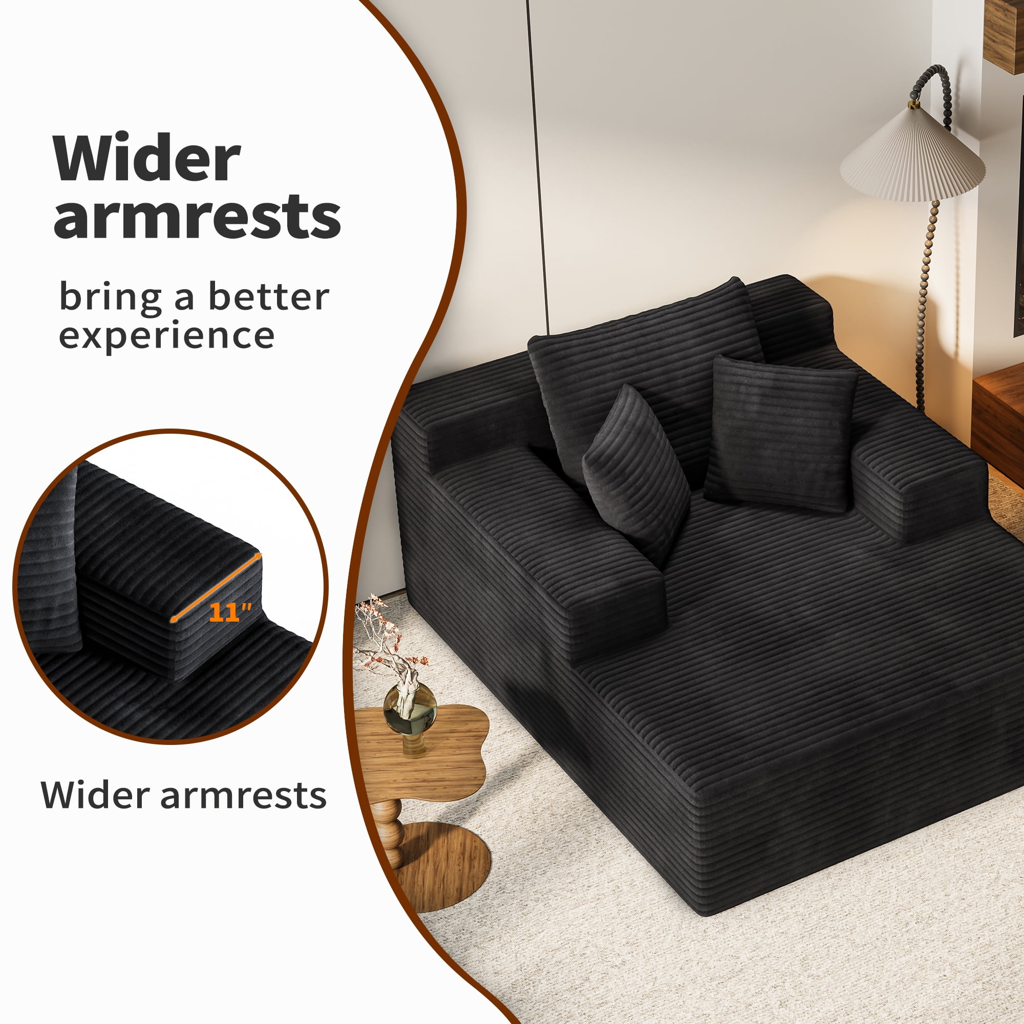 Recliner Sofa Bed, Extra Large Lounger, Deep-Seat Corduroy Sleeper, 600 Lbs Capacity, 64.96-Inch Width, 30.31-Inch Seat Depth, Upholstered Foldable Design for Living Room Bedroom, Black