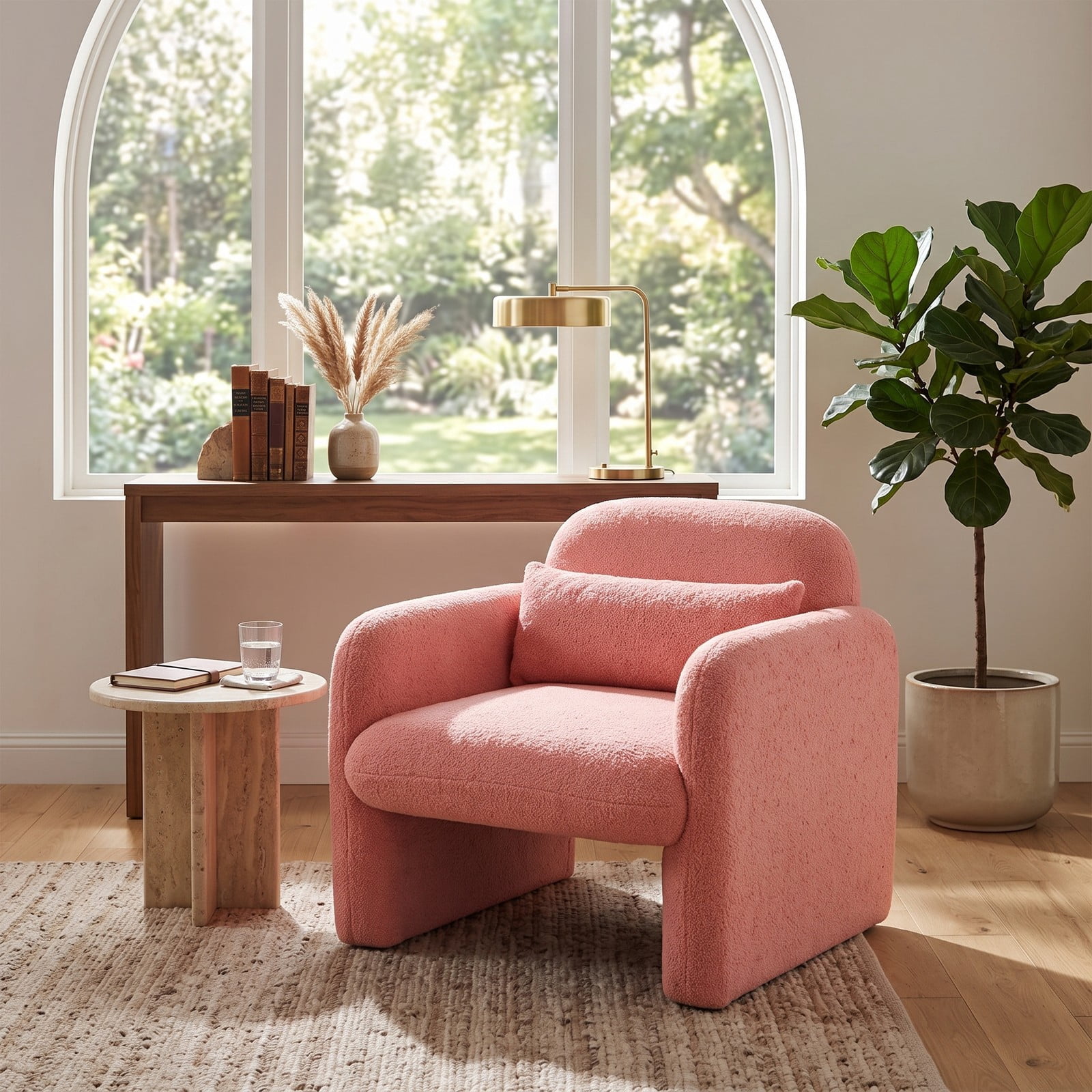 Furnibear Modern Accent Chair with Waist Pillow and Padded Armrests, Soft Sherpa Upholstered Single Sofa Chair for Living Room, Bedroom, Reading Nook, 440 lb, Pink