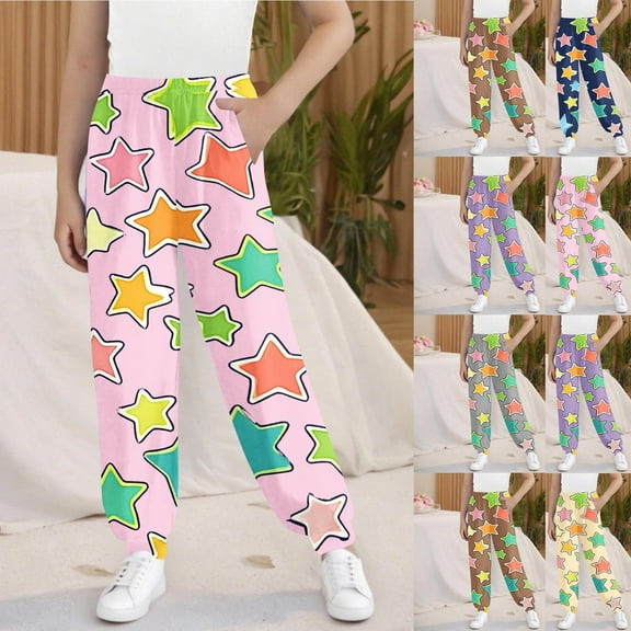 HAOTAGS Kids Casual Lounge Pants(3-15), Boys Girls Graphic Printed Sweatpants Elastic Waist Long Pants Pink 7 Years-8Years