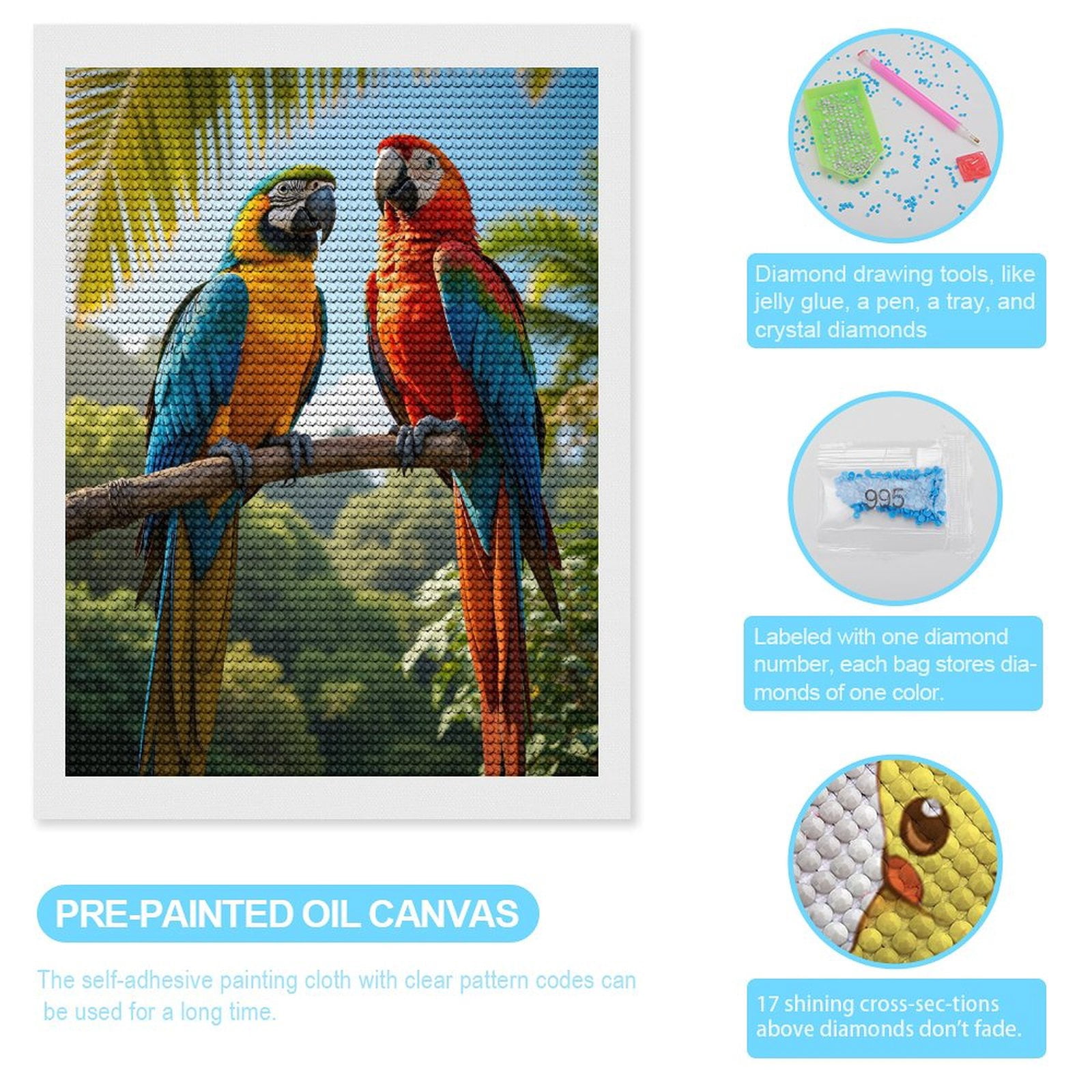 Diamond Art Kits for Adults - Parrots Colorful Tropical Perch Vibrant 5d Diamond Painting for Adults, Diamond Art for Adults Beginners, Frameless Diamond Painting Kits for Adults for Home Wall Decor
