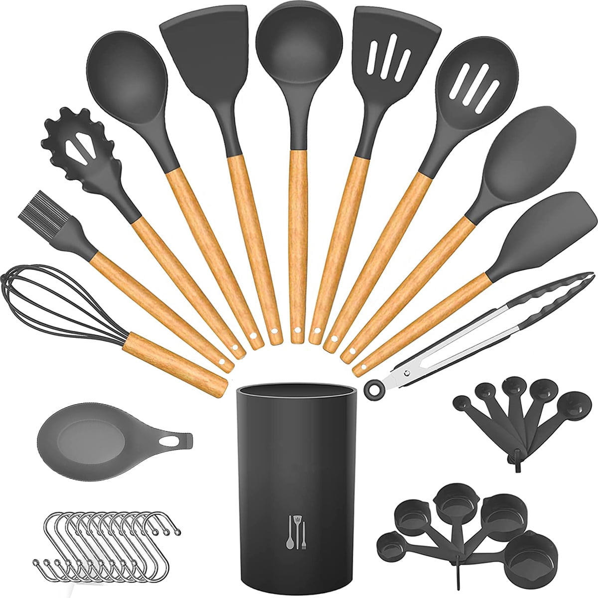 New Wooden Kitchen Utensils Set Eco-friendly & No Odor Silicone Cooking Spoons for Nonstick Cookware 