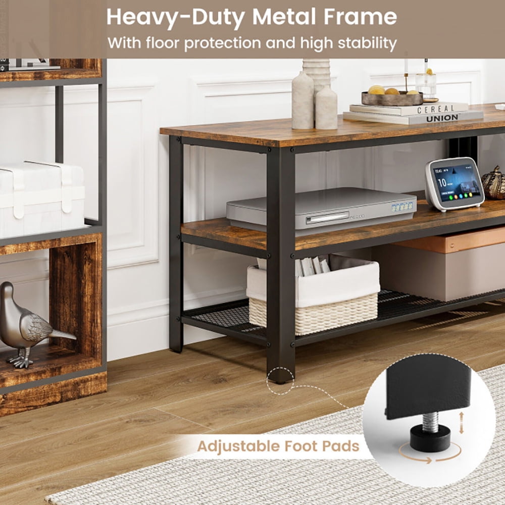 Finihen TV Stand, 3-Tier Industrial Entertainment TV Stand with Metal Mesh Shelf, Media Entertainment Center with Storage, for Living Room, Brown