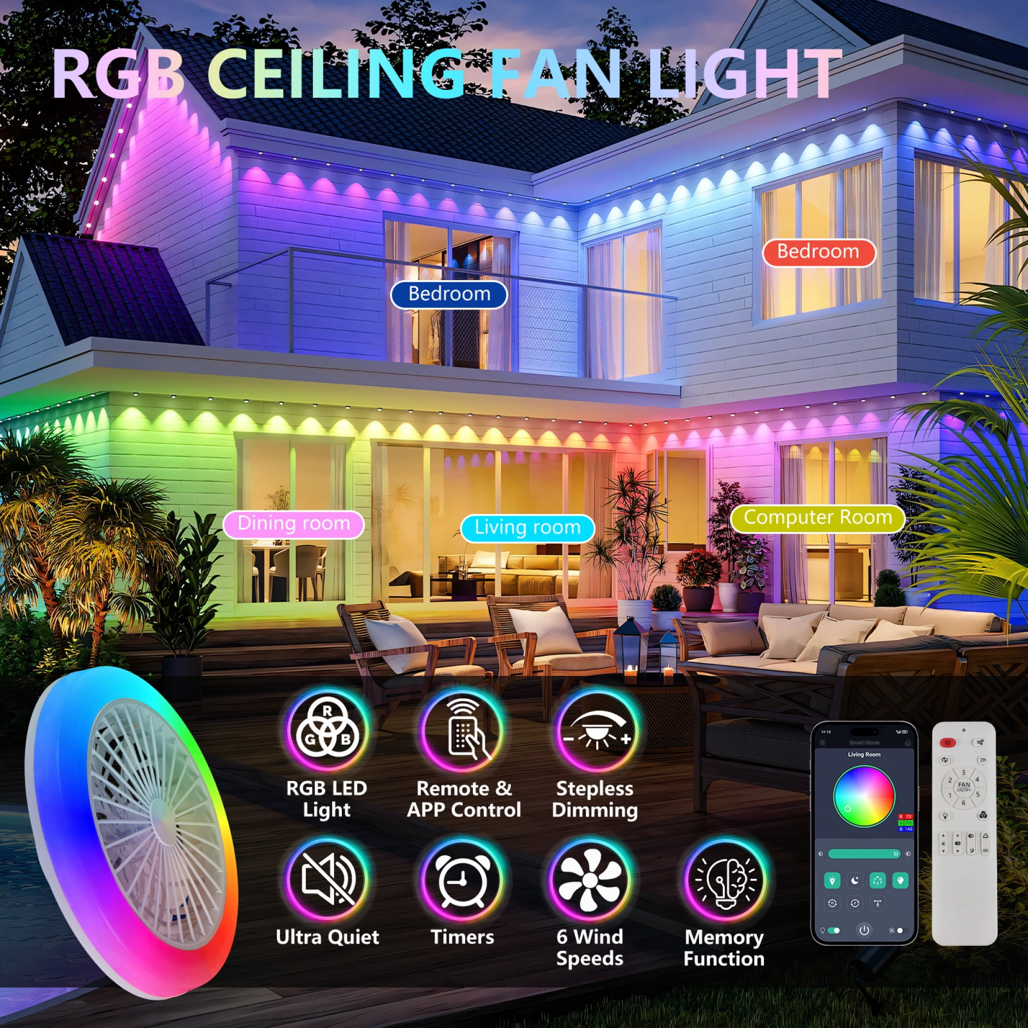 Leumius 18" Ceiling Fan with RGB Light Remote, Smart LED Ceiling Fans with Remote/App Control, Modern Low Profile Dimmable Light Ceiling Fan for Bedroom Living Room White