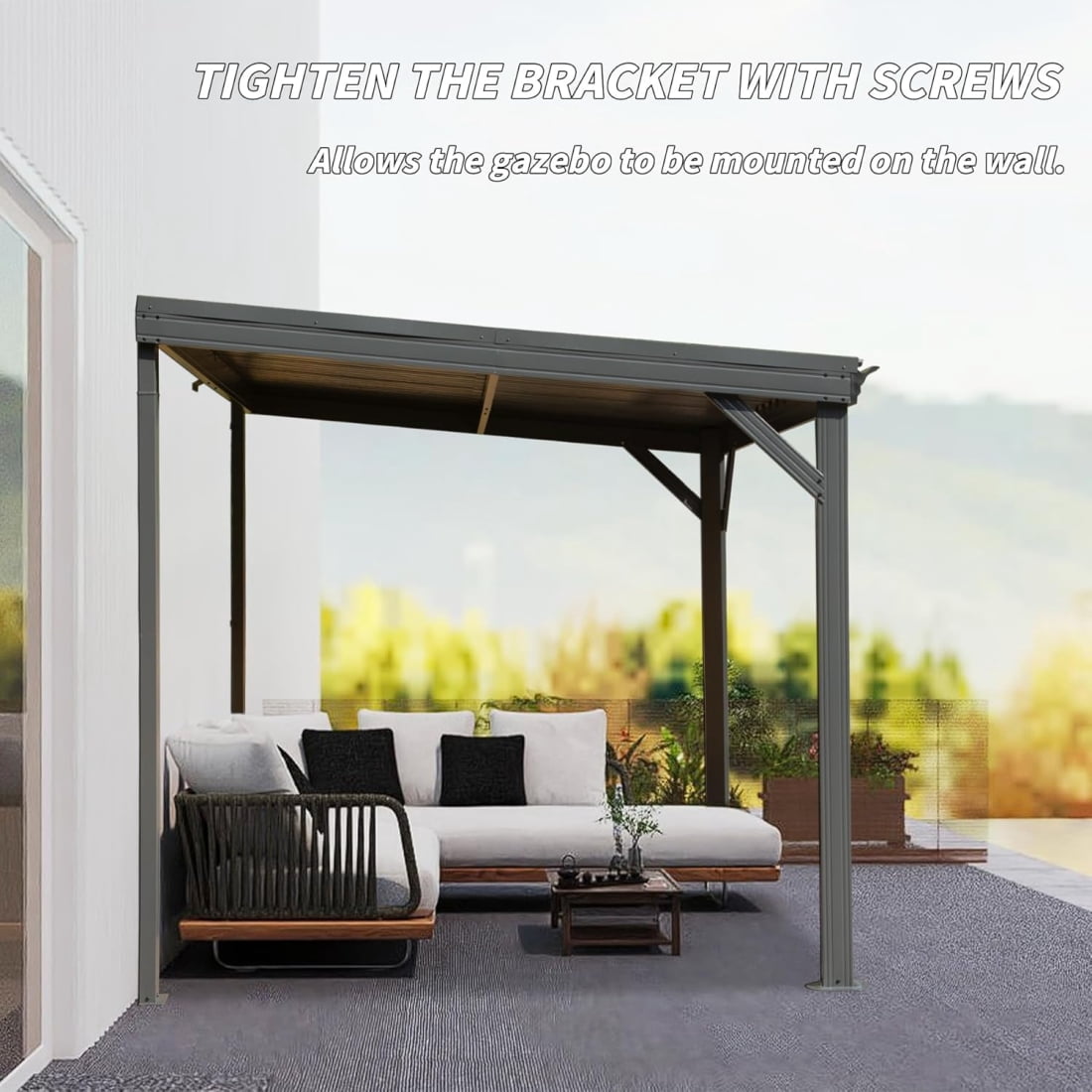 8'x 8' Lean to Gazebo with Drainage System, Wall Mounted Gazebo Pergola with Sloped Roof, Hard Top Heavy Duty Awnings for Backyard, Deck, Patio