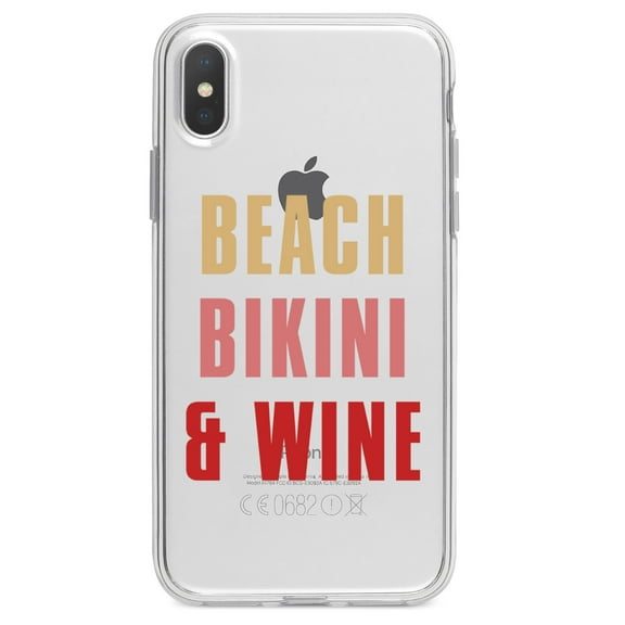 DistinctInk Clear Shockproof Hybrid Case for iPhone X / XS (5.8" Screen) - TPU Bumper Acrylic Back Tempered Glass Screen Protector - Beach Bikini & Wine