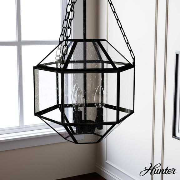 Hunter - Indria 3-light Rustic Iron, Medium Size Pendant Light, Dimmable, Geometric Shaped, for Bedrooms, Dining, Living Rooms - 19365