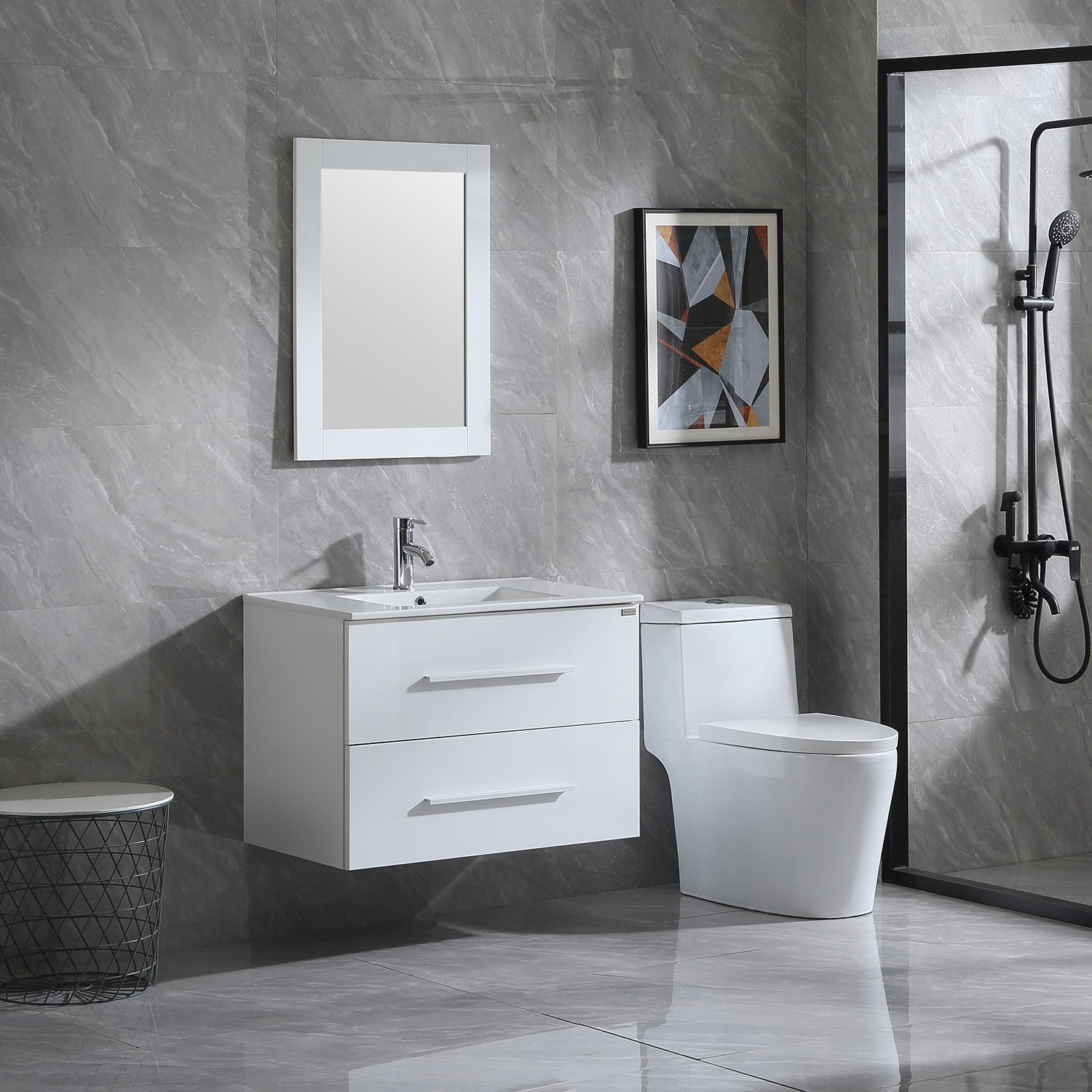 19" Wall Mount Bathroom Vanity Cabinet Glass/Ceramics Sink Faucet Drain Combo 