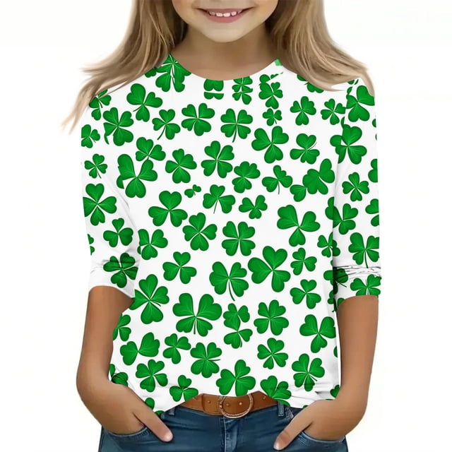 FAIWAD T-Shirts Tendance pour Garçons et Filles, Manches 3/4, Imprimé Trèfle, Chandail Unisexe, Col Rond Mignon
