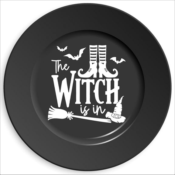 The Witch Is In (boots) with Witch Legs and Shoes Witch Hat and Broom Halloween Decor Vinyl lettering Decal Wall Decals - Size: 6"H x 6"L - Color: White