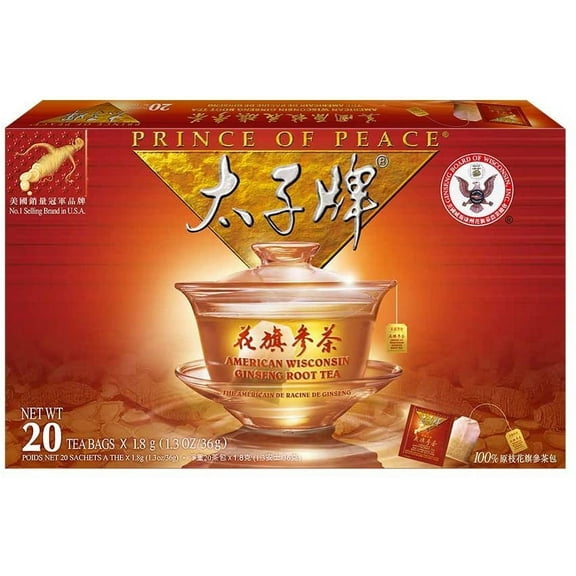 Prince of Peace American Ginseng Root Tea, 20 Tea Bags – Premium Wisconsin Ginseng – American Ginseng Tea Bags – Top