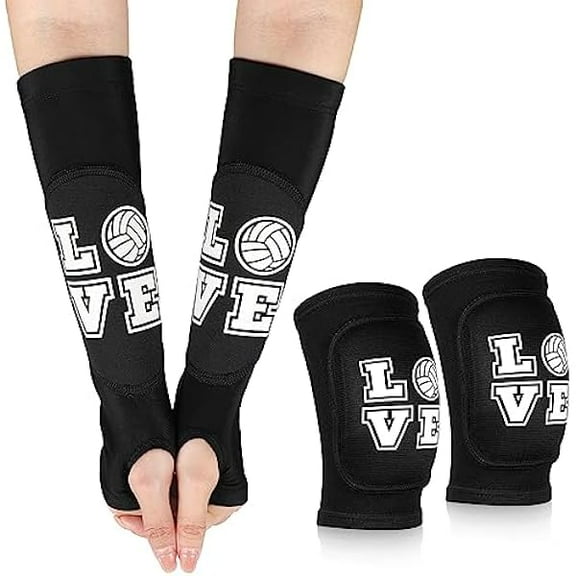 YJJSKEJI Volleyball Knee Pads and Arm Sleeves with Protection Pad Forearm Elbow Sleeve with Thumbhole Volleyball Accessories Gear for Girls Women(2 Pairs,Black,Volleyball)