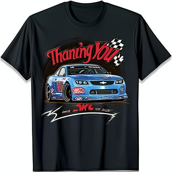 Men s Black T-Shirt with Blue Race Car Graphic Number 3 & Checkered