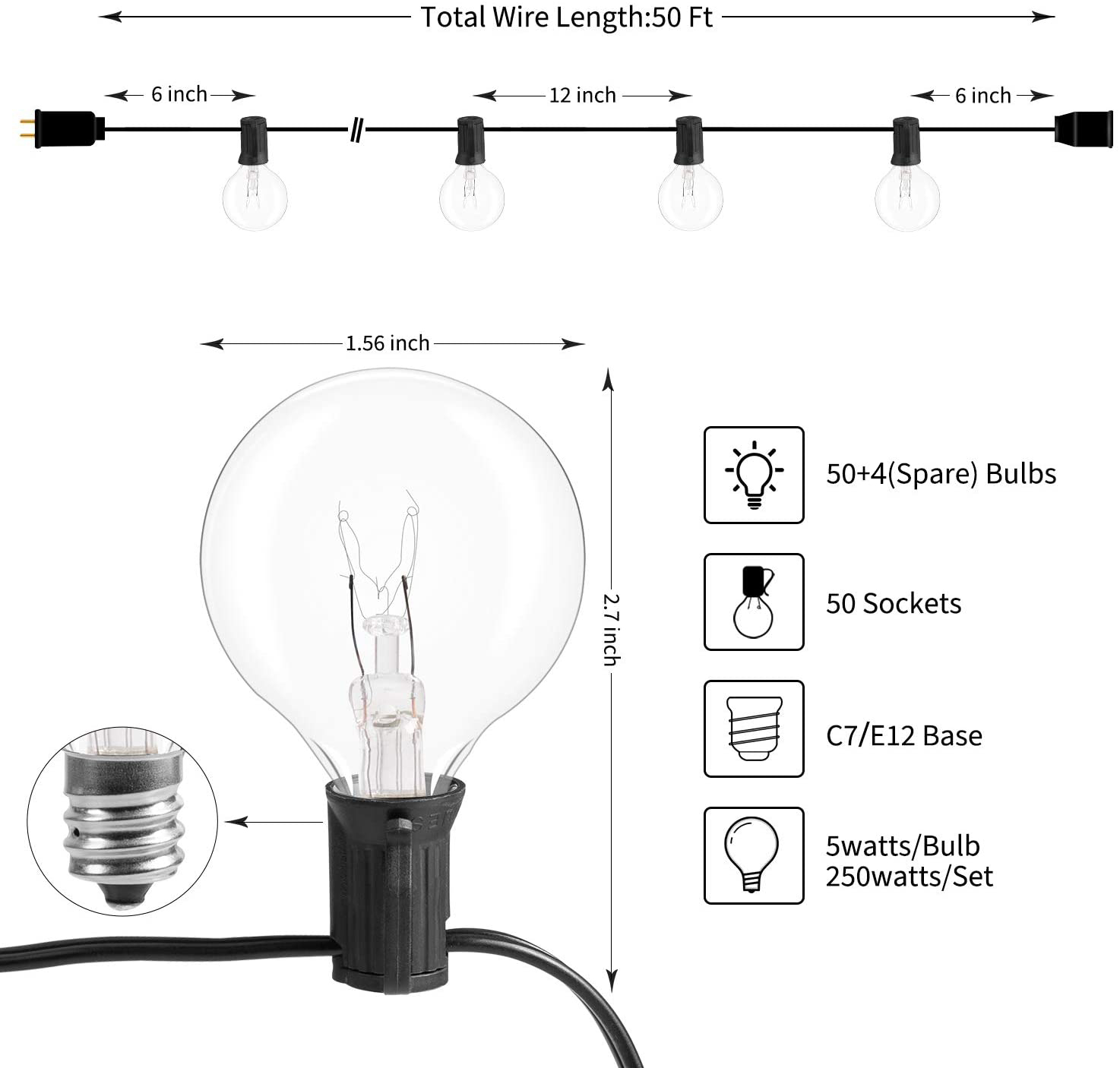 25 orders Socket Suspended Outdoor Commercial String Light Set, Globe Bulbs, 29 FT Black Cord w/ E12 C7 Base, Weatherproof