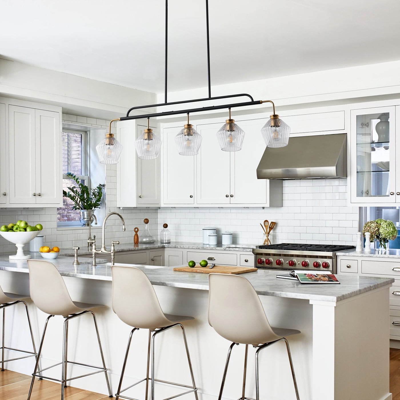 Aiwen 43 Inch 5-Light Linear Chandelier Over Kitchen Island, Matte Black Pendant Light Fixture for Kitchen Living Room
