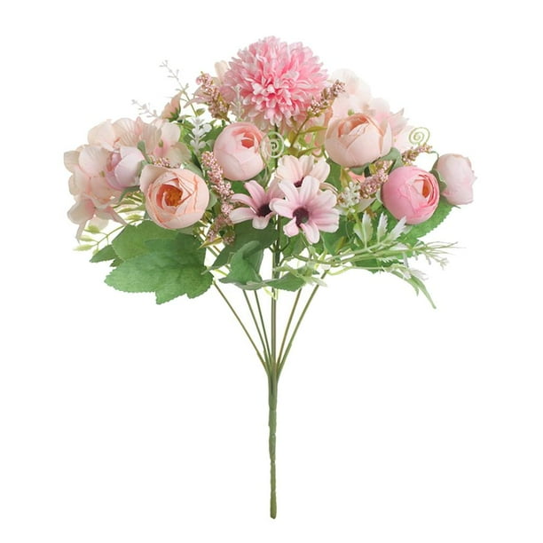 Arreglo floral con flores de tela moradas y plantas artificiales Rosa claro
