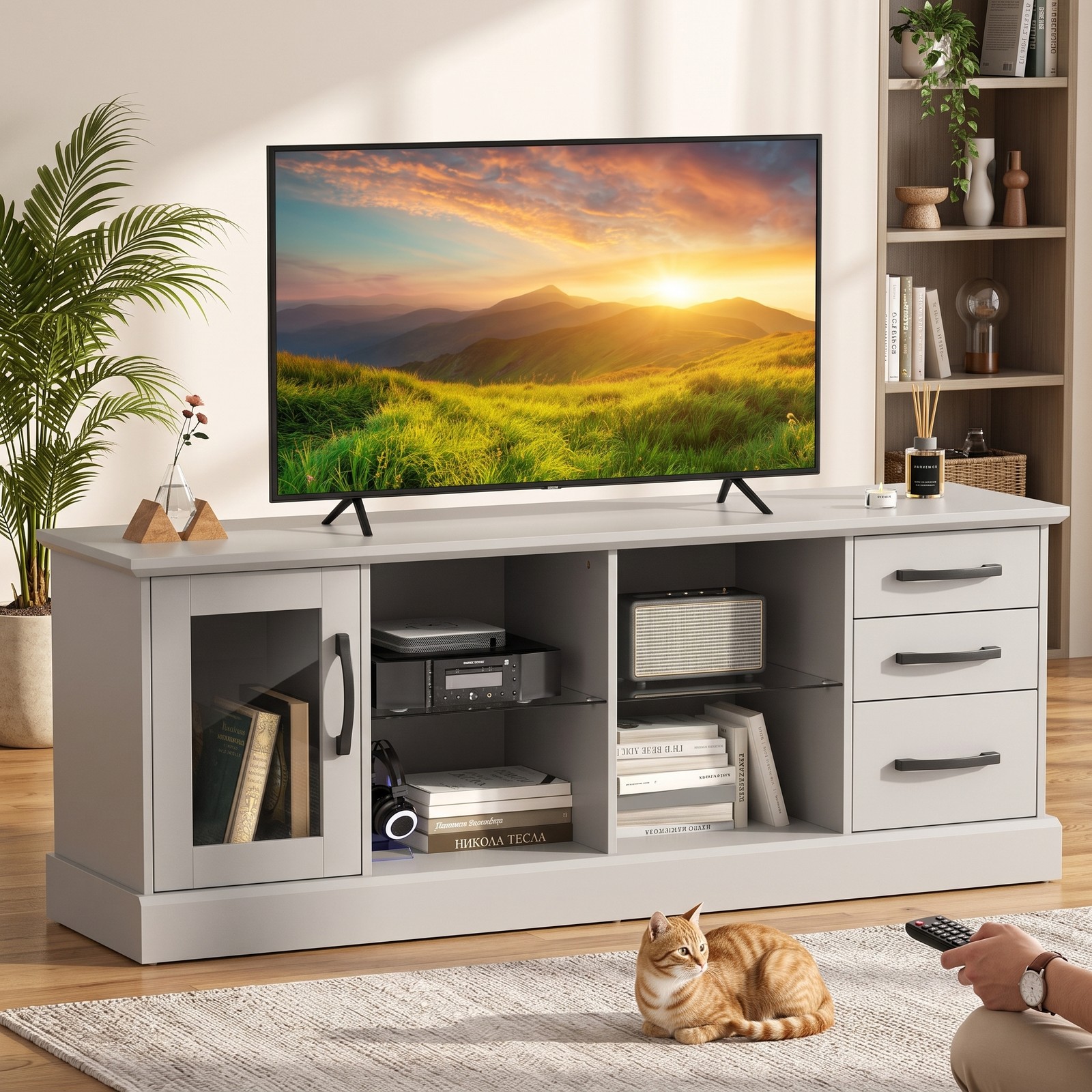 Furnibear 63 Inch Media Console TV Stand for TVs up to 73", Modern Entertainment Center with 3 Drawers, 2 Removable Glass Shelves & Cable Management for Living, Gray