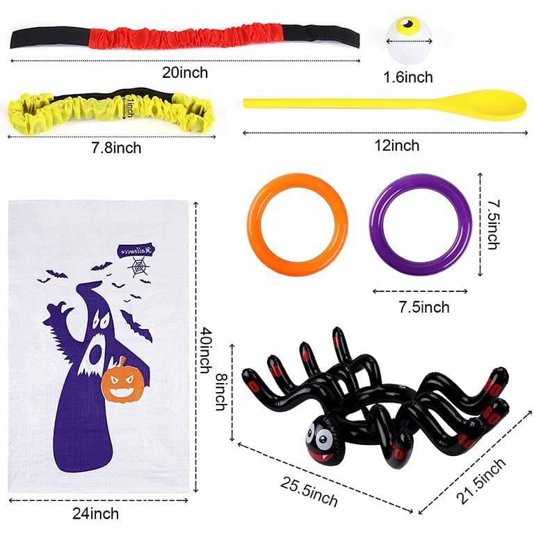 Halloween Outdoor Game Set 19-Pack - Potato Sack Race Bags, Inflatable Spider Toss, Spoon & Egg Race, Legged Relay Bands