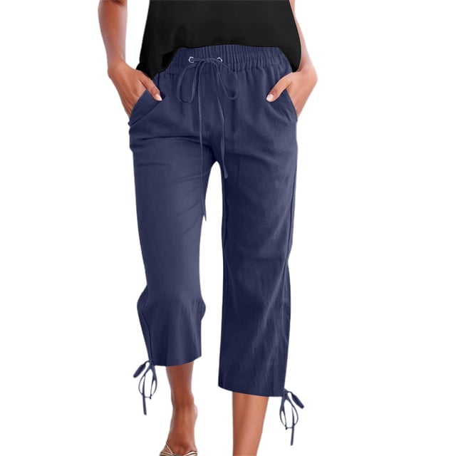 Women's Solid Color Drawstring Cropped Linen Pants - Casual Capri Trousers, Breathable Polyester Blend