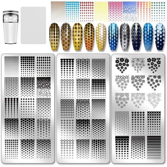 PH 3pcs Classic Gradients Nail Stamping Plate Heart Star Flower Nail Art Templates Geometry DIY Image Stamping Plates Tool Stencils for Women Print Manicures Salon Design Supplies Black
