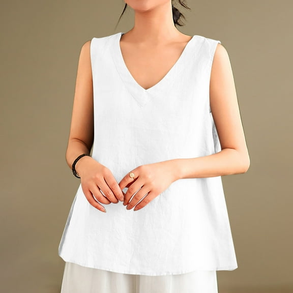 Tank Tops for Women under $5 Cotton Linen Sleeveless V-Neck Casual Summer T-shirt White