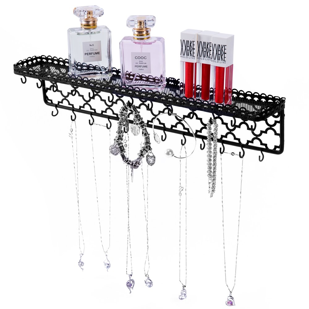 Moroccan Inspired Black Metal WallMounted Jewelry Hanger, Necklace Organizer Rack with Storage